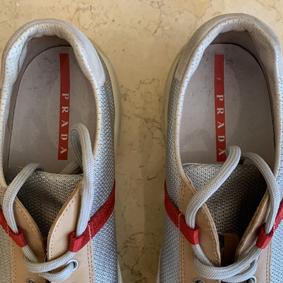 Prada sneakers. Size 10.5. Tan and silver mesh/suede with red detailing - Picture 3 of 9